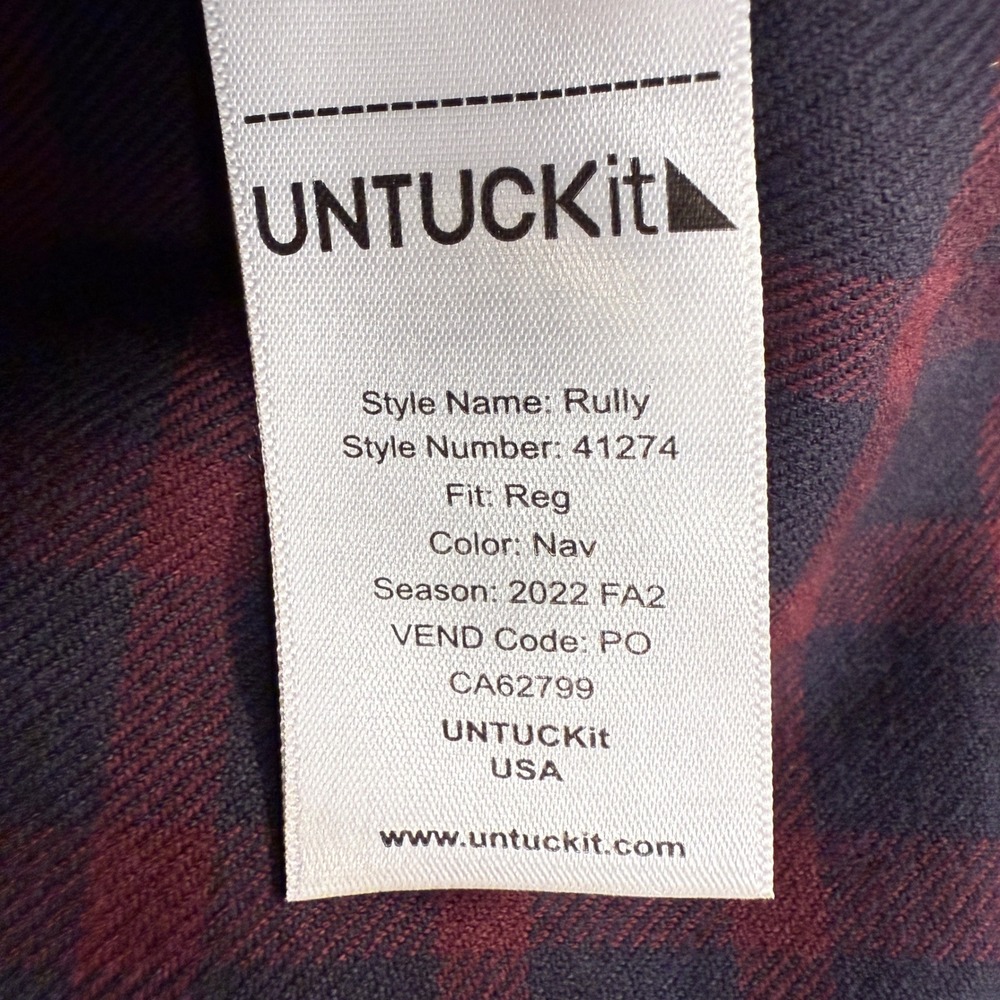 UNTUCKit Rully Navy Burgundy Plaid Flannel Shirt Mens Large Reg Fit - Picture 6 of 7